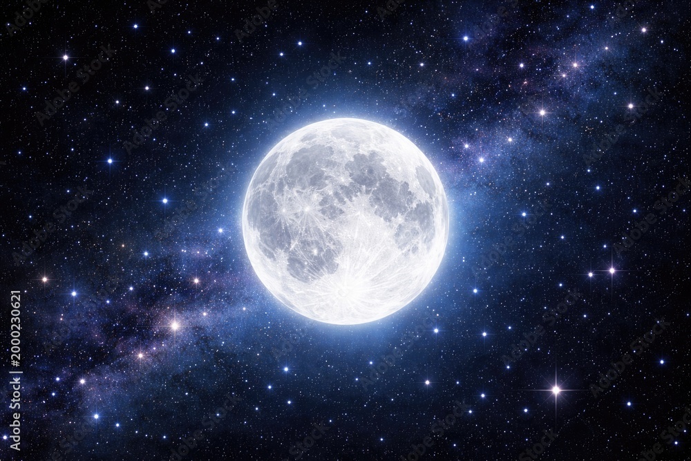 Fototapeta premium Bright moon shining over a sparkling starry sky in outer space
