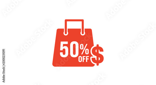 Shopping bag icon with 50 percent off and dollar sign for sales