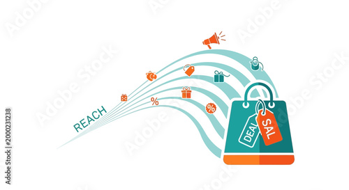Shopping cart and marketing icons in a circular diagram illustration