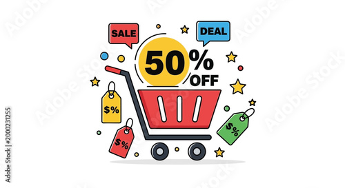 Shopping cart discount illustration for promotional sales and special offers