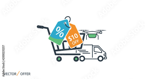 Shopping cart drone delivery discount offer concept illustration