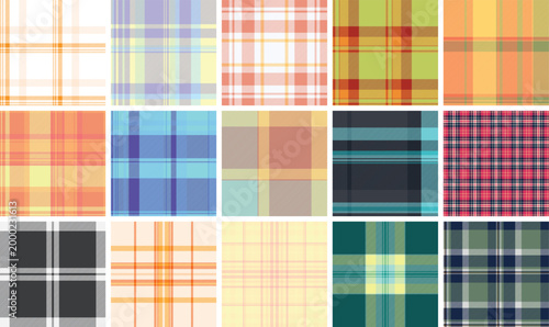 Plaid pattern set for casual wardrobe staples. Seamless tartan repeats suit blouses, skirts, dresses, and everyday fashion items.