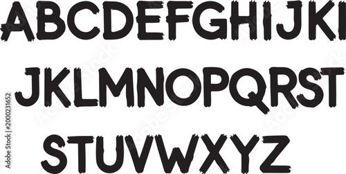 Black silhouette of the complete English alphabet in uppercase letters, presented in three rows with a brushstroke effect on a white background, ideal for design and education.