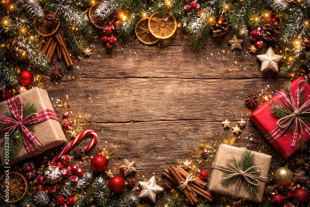 Fototapeta premium Joyful holiday embellishments on a rough wood background with copy space