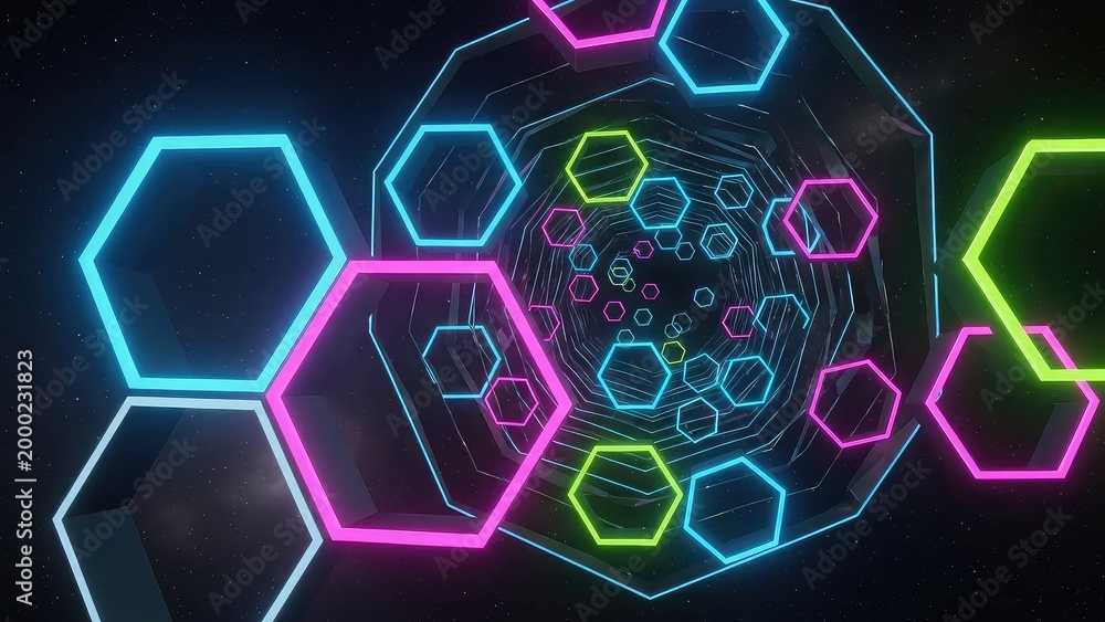 Fototapeta premium Vibrant neon hexagons in various sizes and colors on dark background, glowing brightly with futuristic technology and design elements, abstract geometric shapes