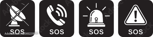 Collection of four black silhouette icons representing SOS signals: a satellite dish with a cross, a phone with signal waves, a flashing alarm light, and an exclamation mark in a triangle.