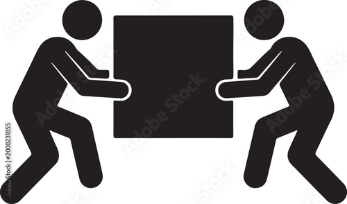 Two black silhouette figures collaboratively lifting and carrying a large square box, illustrating teamwork, logistics, moving, and heavy lifting.