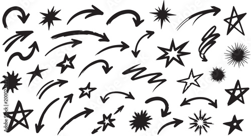 Collection of hand-drawn black ink arrows and starbursts in various styles, conveying direction, energy, and impact, perfect for graphic design elements.