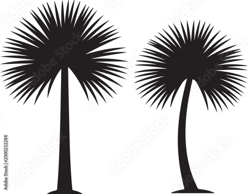 Two black silhouette palm trees with spiky fronds, one upright and one leaning, evoking tropical vacations, beaches, and exotic destinations.