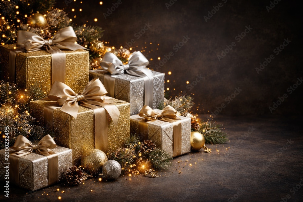 Fototapeta premium Christmas present boxes wrapped in sparkling gold and silver with dark textured background and text space