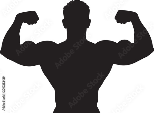 Back view silhouette of a muscular bodybuilder flexing biceps and showing back muscles, symbolizing strength, fitness, bodybuilding, and athletic physique.