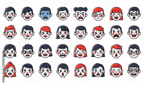 A collection of diverse cartoon faces showing a wide range of human emotions and expressions.