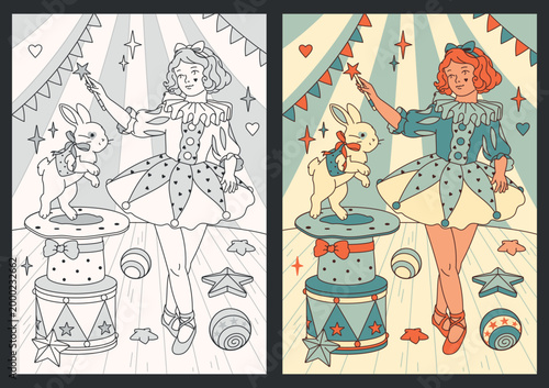 Enchanting vintage circus set with a girl performing a magic trick using a top hat and bunny. Monochrome coloring page and richly painted companion piece included.