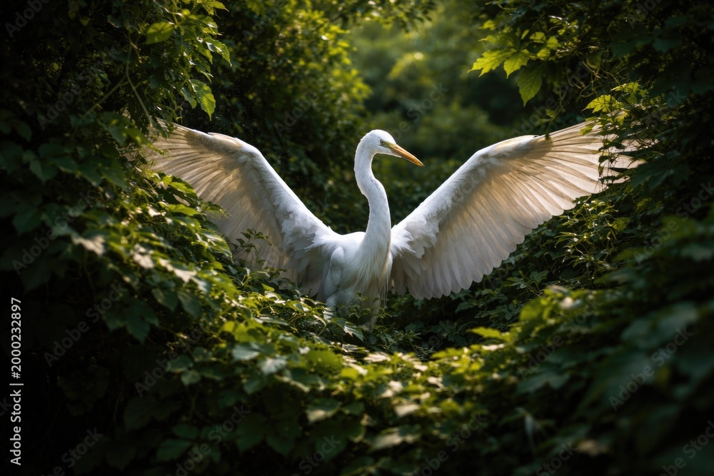 Fototapeta premium Crane with extended wings concealed by verdant foliage