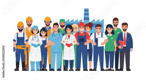 In celebration of International Workers' Day, a diverse group of laborers and professionals stand together in a vector illustration against a white background, showcasing unity