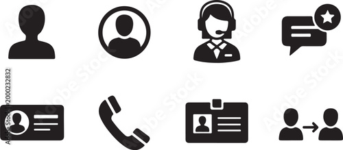 Collection of simple black silhouette icons representing communication, identification, and customer service, including user profiles, a headset operator, a chat bubble, a phone, and ID cards.