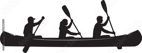 Three people silhouetted in a canoe, paddling together on water, representing teamwork, outdoor recreation, adventure, summer activities, and a peaceful journey.