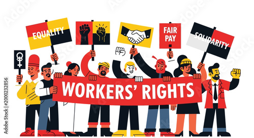 A diverse group of people celebrating International Workers' Day and labor day by marching with signs advocating for equality, solidarity, fair pay, and workers' rights against a clean