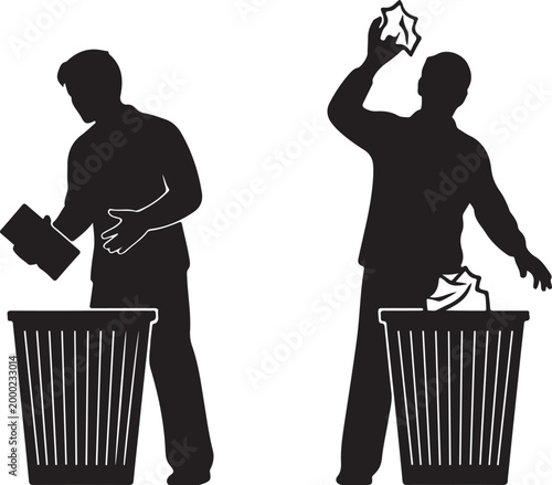 Silhouettes of three men disposing of waste in trash cans, illustrating concepts of recycling, waste management, and environmental responsibility.