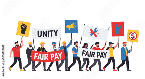 A diverse group of International Workers' Day demonstrators is shown in a flat vector illustration, holding signs advocating for labor day unity and fair pay against a clean white