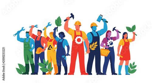 Celebrating International Workers' Day, a diverse group of labor day workers in overalls and hard hats are depicted in a colorful vector illustration against a clean white background