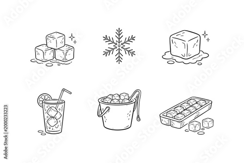 Collection of hand-drawn ice cubes, snowflake, and refreshing drink illustrations