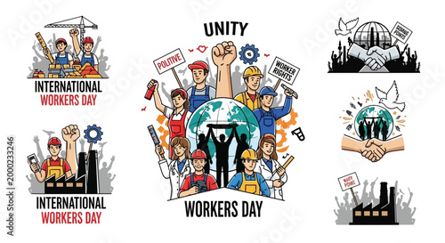 A set of International Workers' Day illustrations showing unity among laborers from different industries and backgrounds, presented with a flat lay style against a clean white background