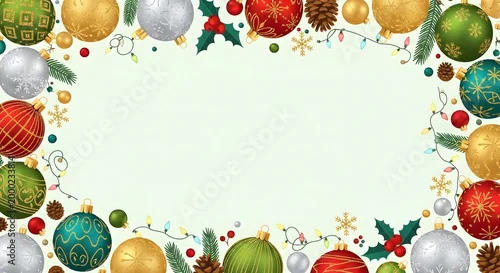 Fototapeta na wymiar Festive Christmas Ornament Border with Twinkling Lights and Pinecones on a Light Background