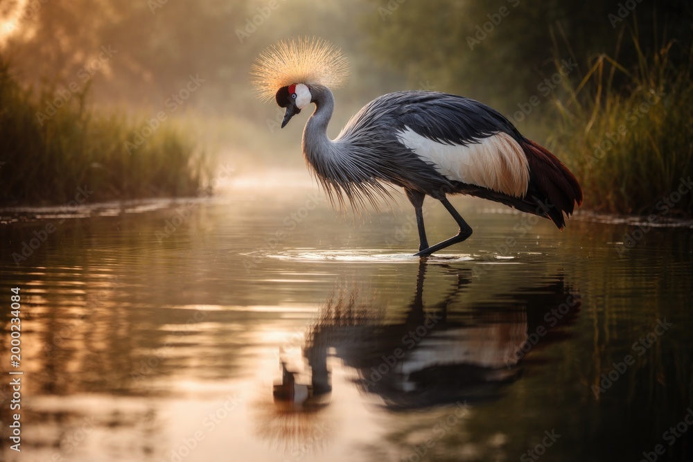 Fototapeta premium Graceful Crowned Crane wading through shallow water with reflections