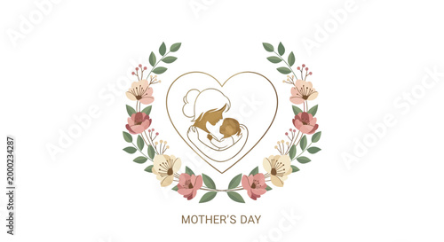 Elegant Mother's Day vector illustration featuring a minimalist line drawing of a mother cradling a baby within a heart shape, beautifully framed by a floral wreath with soft pastel colors