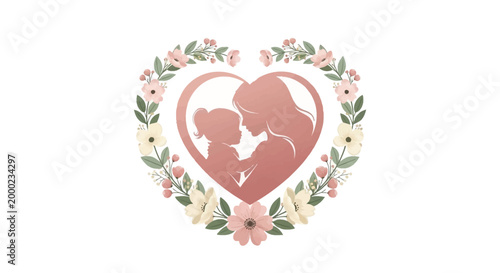 A delicate Mother's Day graphic features a stylized silhouette of a mother lovingly embracing her child within a heart shape, surrounded by a floral wreath with pastel colors