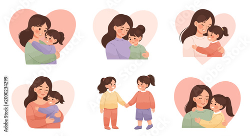 A set of six Mother's Day illustrations featuring a brunette mother tenderly hugging her daughter in various poses, presented against soft pink heart backgrounds in a sweet and loving