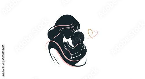 Silhouette illustration for Mother's Day featuring a mother lovingly cradling her baby against a clean white background, designed with soft pink accents and a delicate heart shape