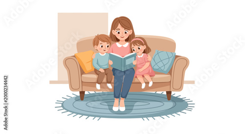 A mother reads a story to her two children while sitting on a beige couch in a bright, minimalist living room, a heartwarming scene depicted in a charming cartoon illustration with soft