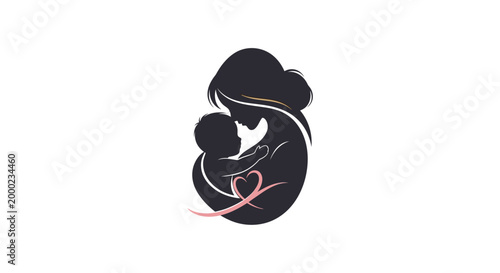 Silhouette illustration depicts a mother tenderly holding her baby in a loving embrace, with a pink ribbon heart symbolizing affection, set against a clean white background for Mother's Day