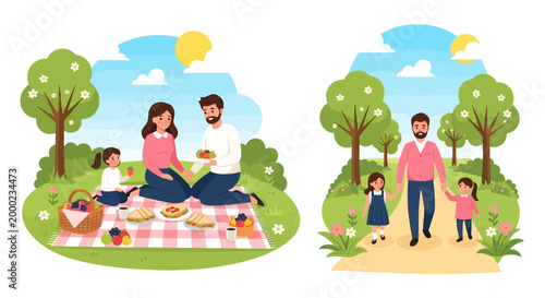 Illustrations show a family enjoying Mother's Day with a picnic, featuring a mother, father, and two daughters sitting on a blanket in a park with a basket and food, rendered in a cheerful