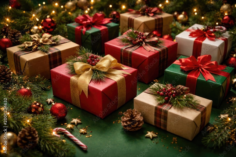 Fototapeta premium Christmas gift boxes showcased on a rich green surface ideal for secret Santa themes and winter event decorations