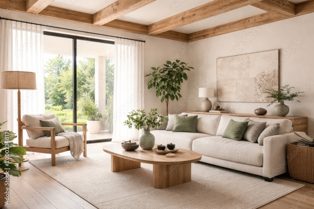Fototapeta premium Bright Japandi living room design including fabric sofa, green decor, and visible wooden ceiling beams