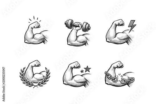Collection of stylized muscular arm icons representing strength and fitness achievements