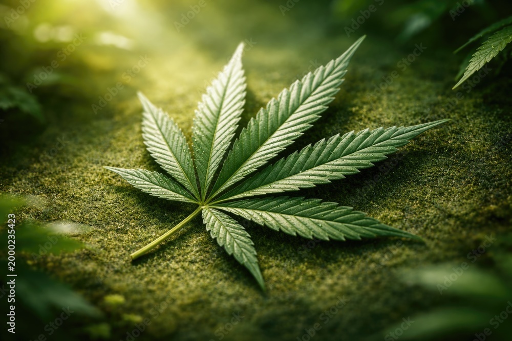 Fototapeta premium Green cannabis leaf resting on a lively green grainy backdrop with gentle light