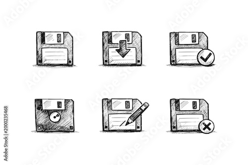 Hand-drawn floppy disk icons representing save, download, and other file operations