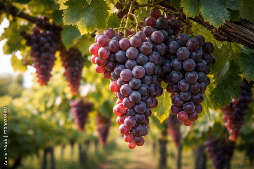Fototapeta premium Healthy grapevine showing ripe grapes on fresh green stems
