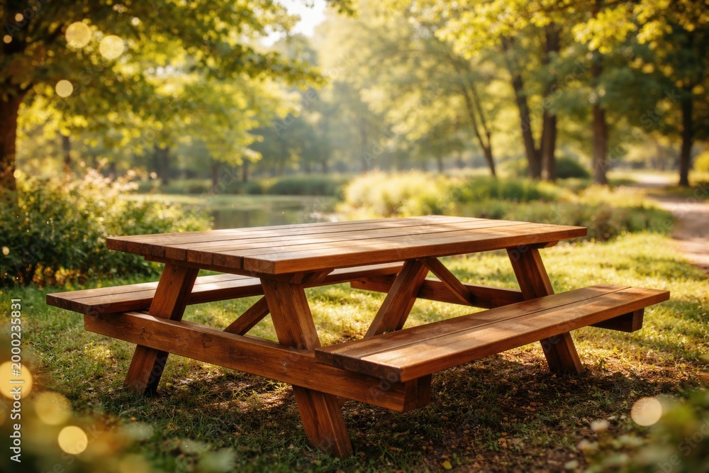 Naklejka premium Inviting wooden table surrounded by gentle bokeh effect in a peaceful park environment for marketing