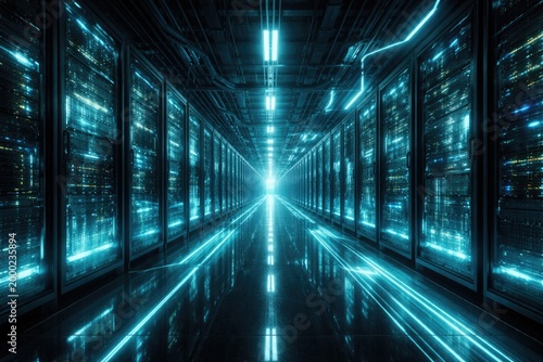 Advanced data center bathed in cyan neon light with radiant lines in a bleak future setting