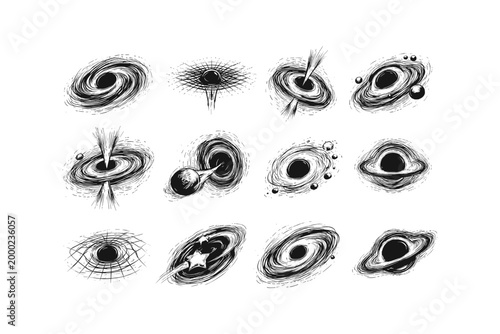 Collection of artistic black hole illustrations with accretion disks and gravitational effects