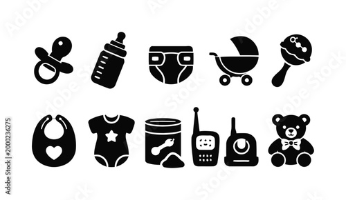 Baby care and essentials icons including pacifier bottle diaper stroller and teddy bear.