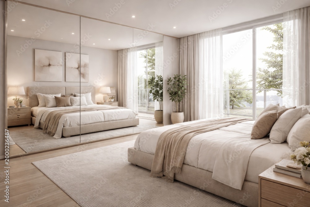 Fototapeta premium Bright modern sleeping area with large mirror reflecting soft tones