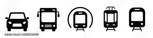 Collection of black icons representing different modes of transport including car bus and train subway tram.