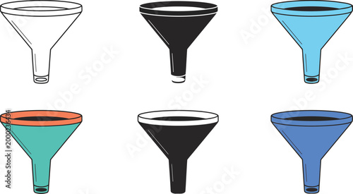 Funnel icon set with multi color and outline designs suitable for lab experiments kitchen tools automotive fluids and industrial pouring applications