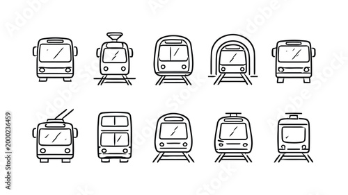 Collection of different types of urban transport vehicles and trams.